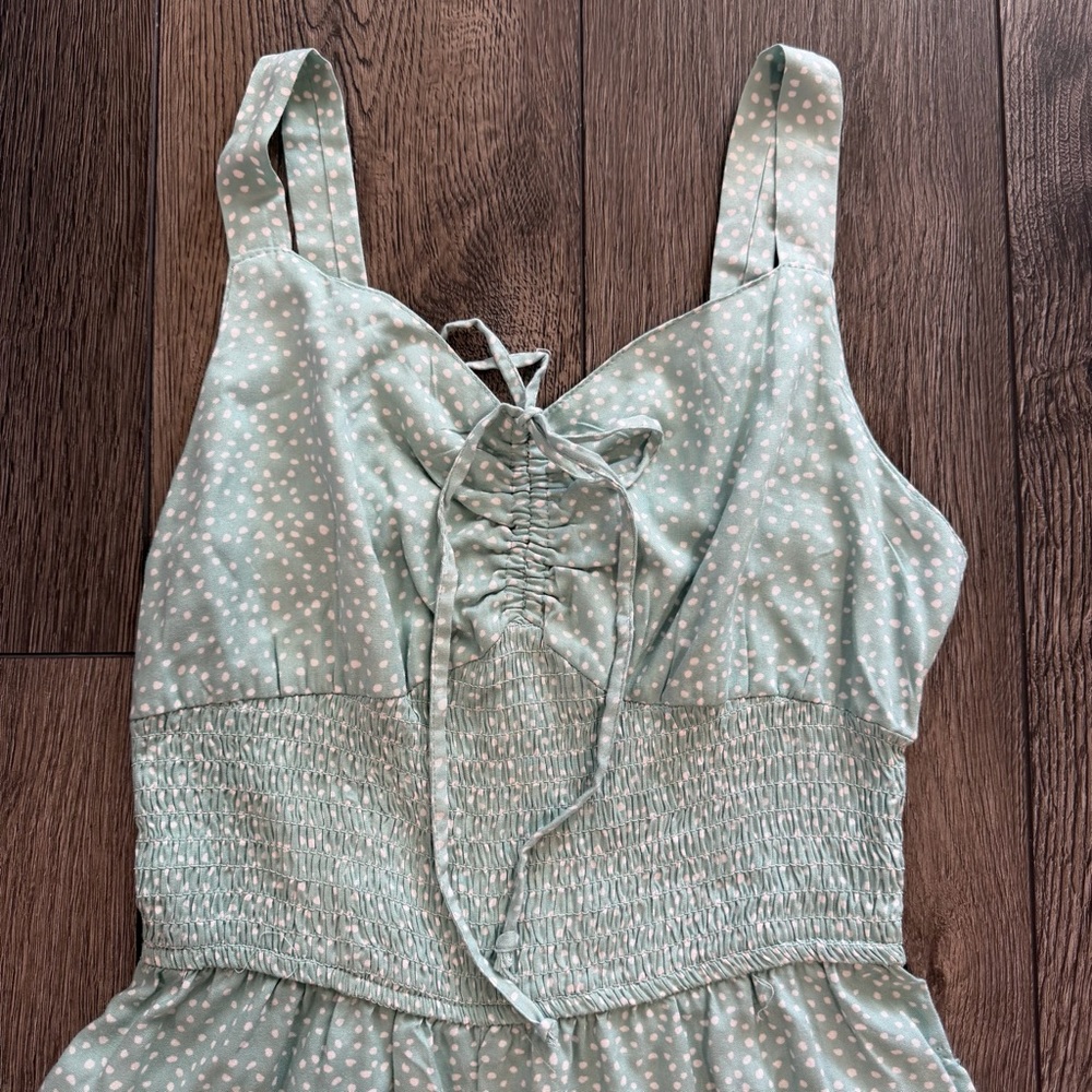 Jessica Simpson Seafoam Polka Dot Smocked Wide Leg Jumpsuit w/Pockets Size S - Picture 8 of 16